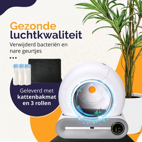 Litière automatique pour chat Viervoeter – Autonettoyante – Contrôle via une application – avec tapis et 3 rouleaux de sacs de ramassage – 65 L
