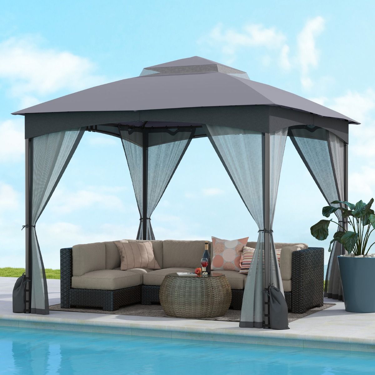 Pavillon de jardin Coast - double toit - moustiquaire - 3 x 3 m - kaki