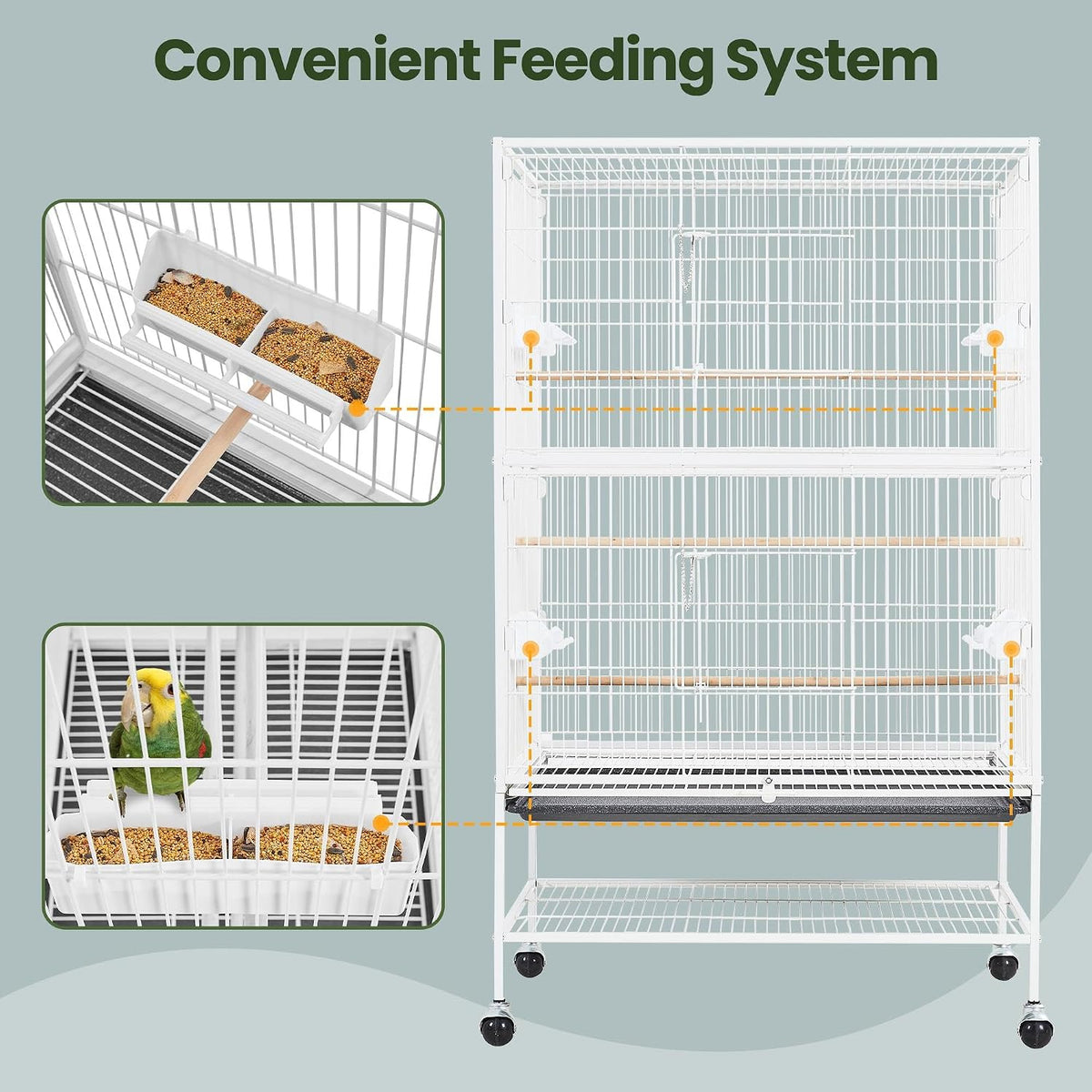 Cage à oiseaux Yaheetech avec support – 79 × 51,8 × 132 cm – Blanche – Cage pour perruches avec roulettes, 3 perchoirs en bois et 4 mangeoires