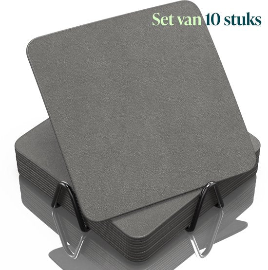 Sous-verres en simili cuir Castagnola – Sous-verres pour verres – Sous-verres design avec support – Lot de sous-verres en cuir avec support métallique – Cuir – Lot de 10 – Gris – 10 x 10 cm