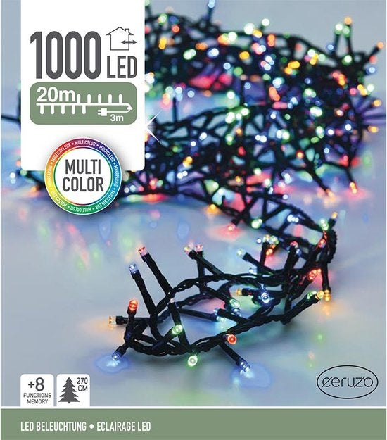 Ceruzo Lumières de Noël colorées - Micro Cluster - 1000 LEDs - 20 mètres - 8 fonctions lumineuses + mémoire - multicolore