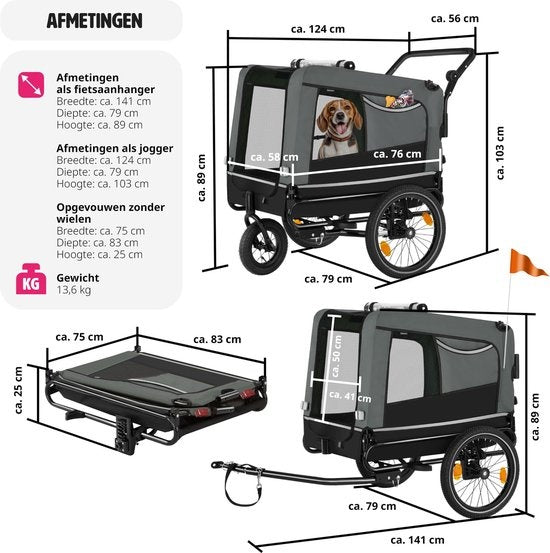 tectake® - Remorque vélo WoofRider pour chien - gris - pliable, jusqu'à 40 kg - buggy pour chien - 404947