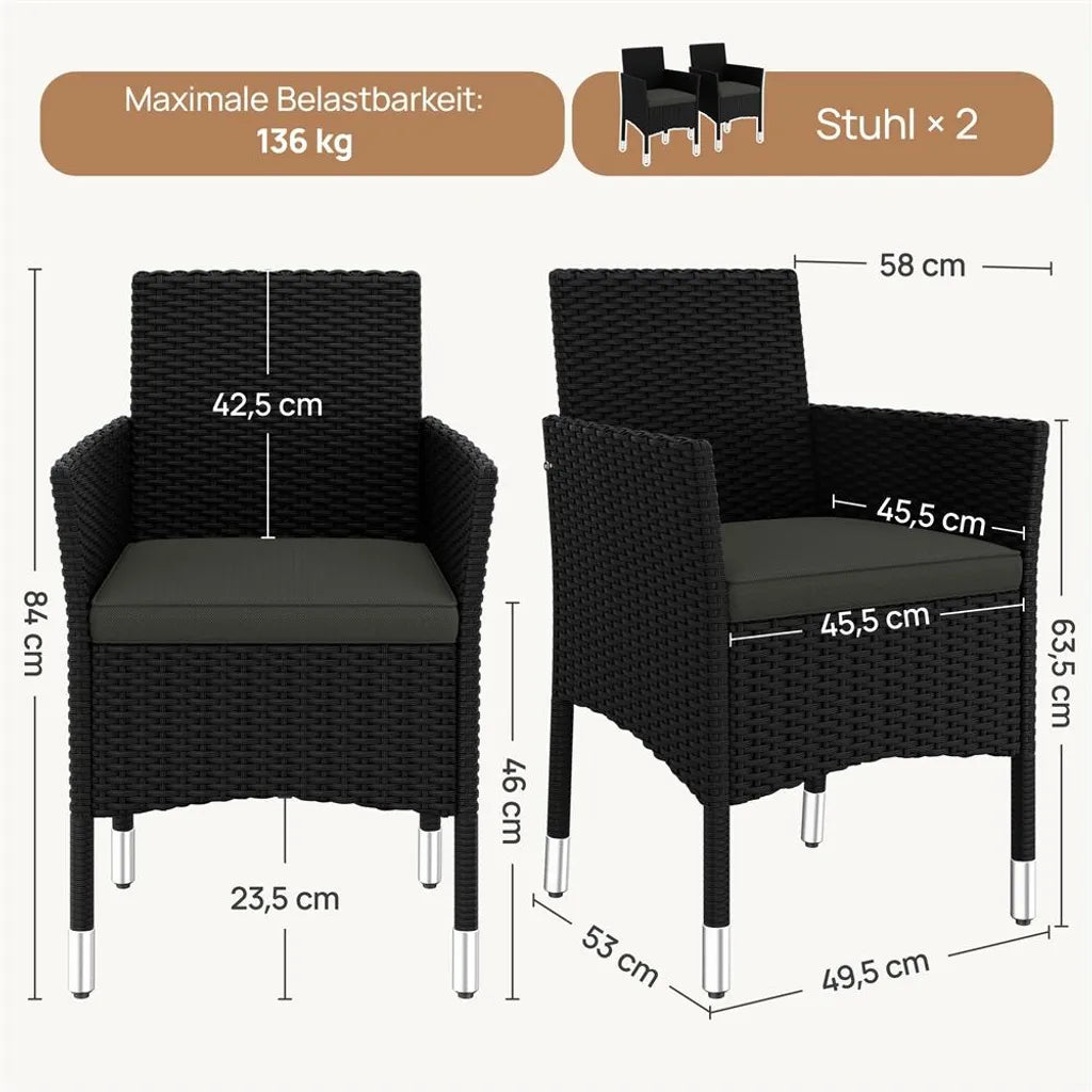 Yaheetech Lot de 2 chaises de jardin 58 x 58 x 84 cm - Noir/Gris - Chaises de jardin en polyrotin avec coussins d'assise et de dossier