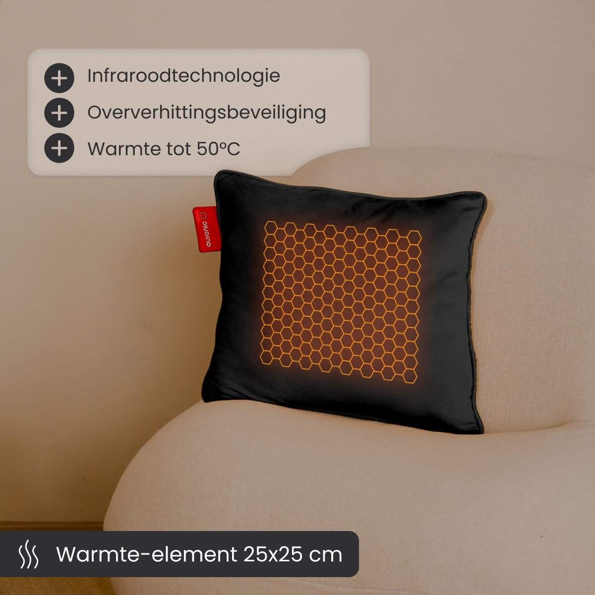Auronic Heat Pillow - Velvet - 45x45 - Sans fil - Rechargeable - Oreiller électrique - Infrarouge - Noir