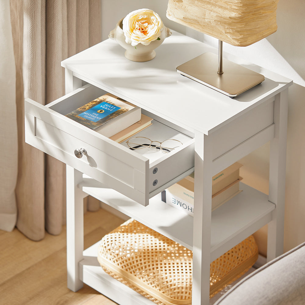 SoBuy FBT46-W Table de chevet - Blanc - 2 étagères - 1 tiroir - 45x68x30 cm