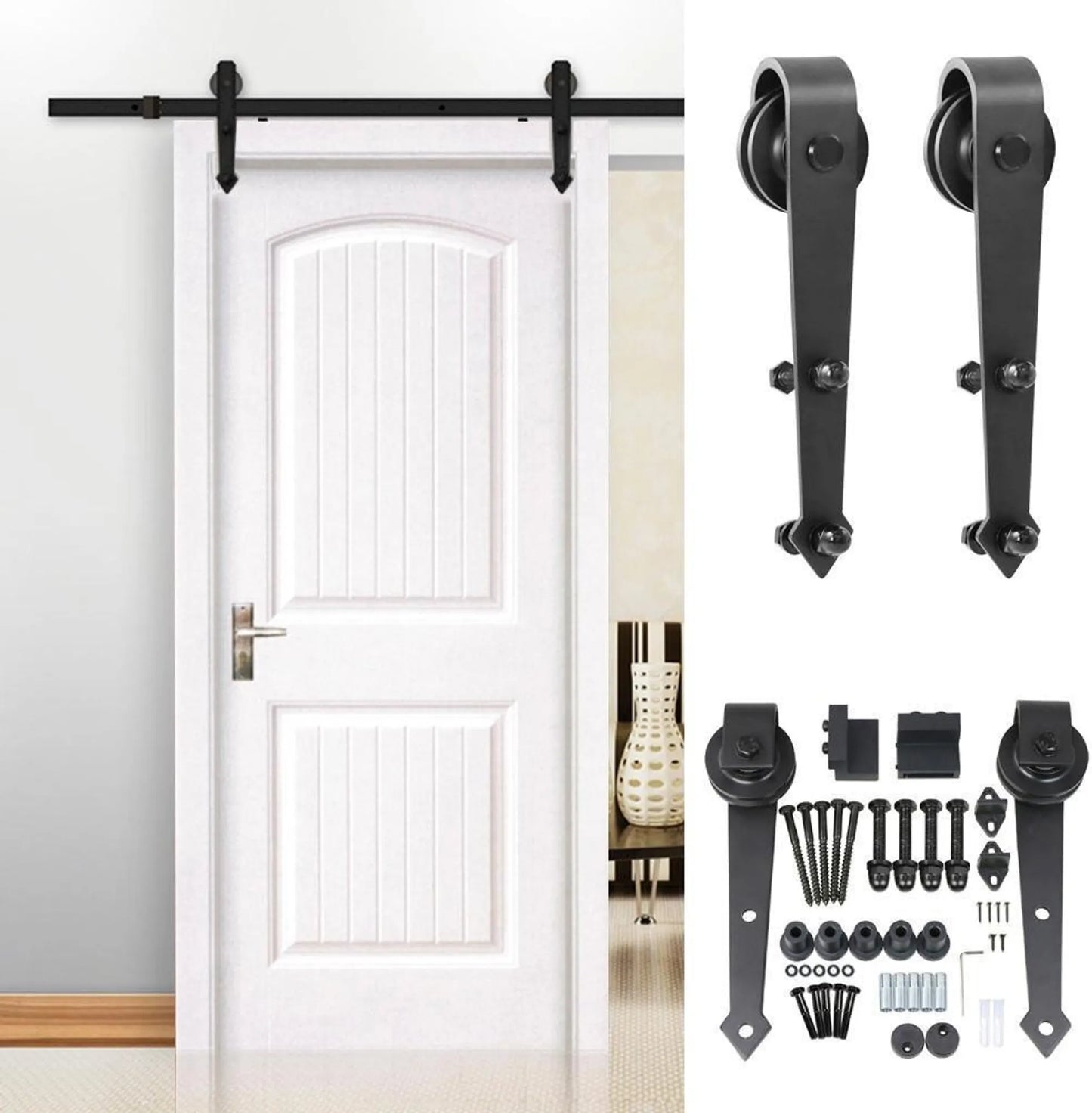 Yaheetech Ensemble de quincaillerie pour portes coulissantes 183 cm - équipé de roulettes en acier au carbone, de butoirs de porte et d'un guide de sol - pour portes en bois et en métal - fer noir - 183 x 23 x 5,5 cm