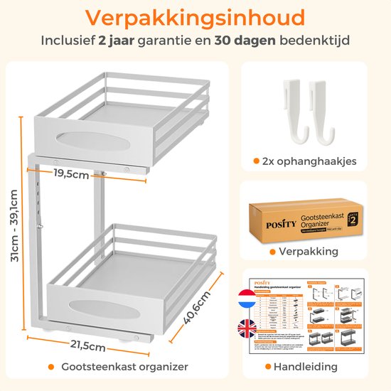 Posity Rangement pour armoire de cuisine - Rangement pour évier - Rangement pour comptoir - Support de rangement - Rangement pour salle de bain - Support de cuisine - Extensible - Métal - Blanc