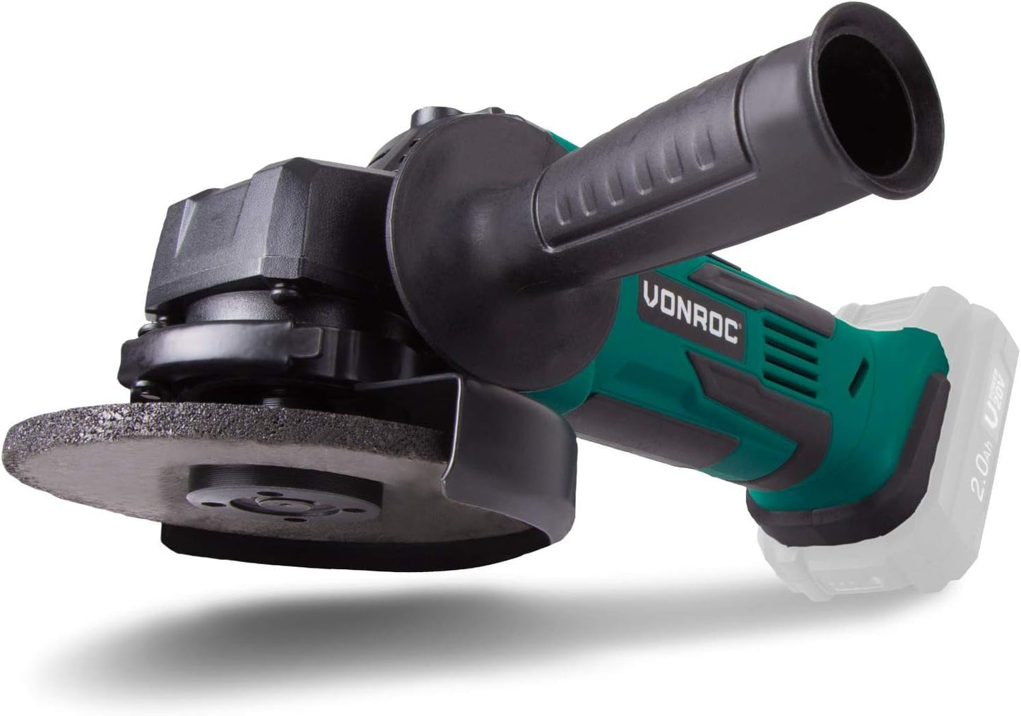 VONROC Accu Angle Grinder 115mm, VPower 20V (sans batterie ni chargeur) - Poignée latérale et sac de rangement inclus - Vert/Noir