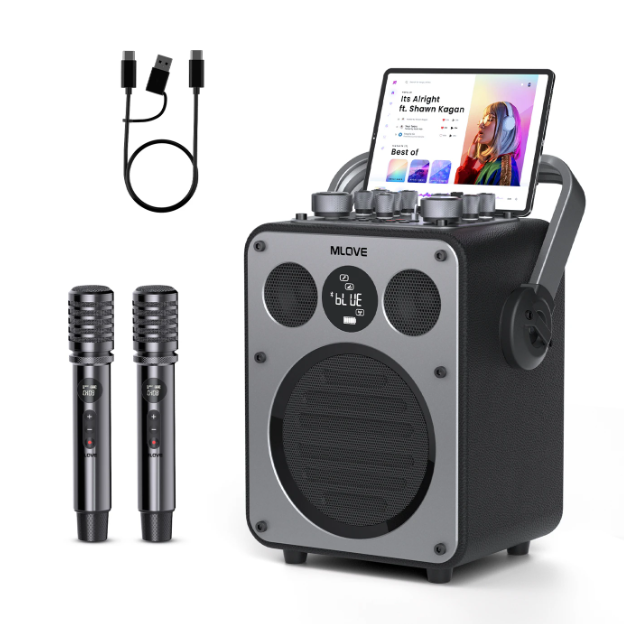 Machine à karaoké MLOVE D5 - 200 W - 2 microphones sans fil - Bluetooth - Noir