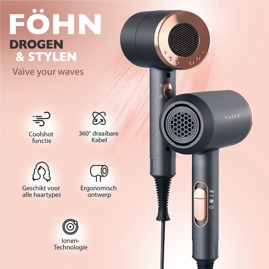 VAIVE Sèche-cheveux ionique avec diffuseur - Sèche-cheveux 2000 Watts - Sèche-cheveux avec Coolshot - 3 réglages