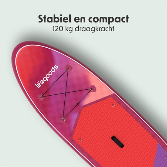 LifeGoods SUP Board All-round Compact - 100 KG Load Capacity - 300 x 76 cm - Inflatable - Complete SUP Package - Red/Lilac