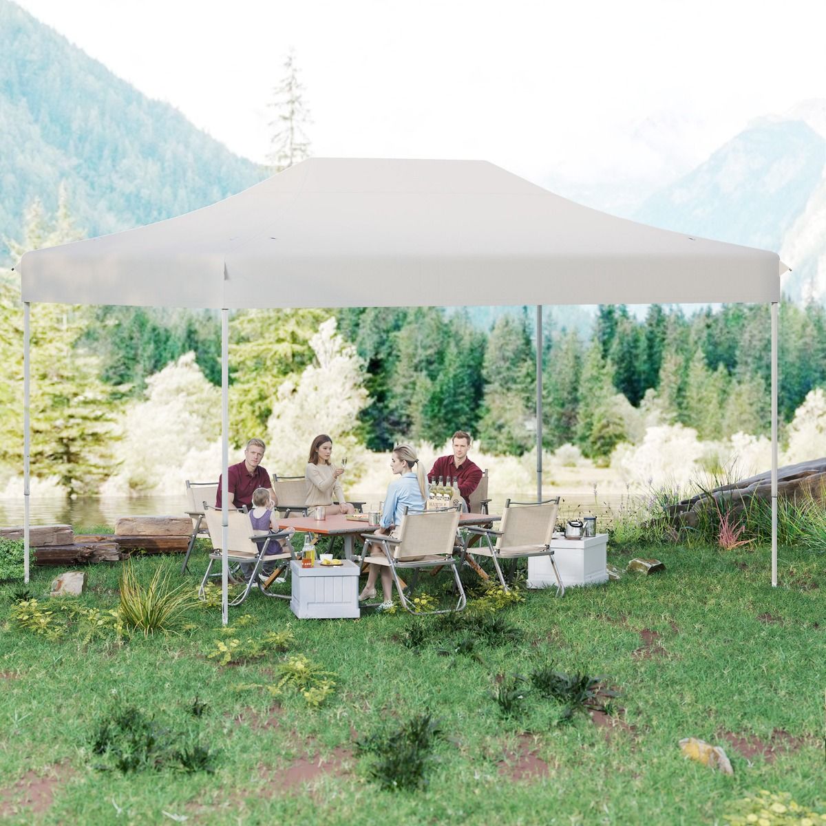 coast 300 x 445 cm tente de réception instantanée - beige - hauteur réglable, évacuation de l'eau, armature robuste