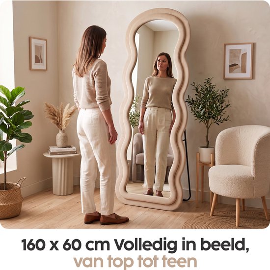 Infinity Goods Miroir en forme de vague - 160 x 60 cm - Miroir mural design - Miroir sur pied rembourré - Suède - Beige