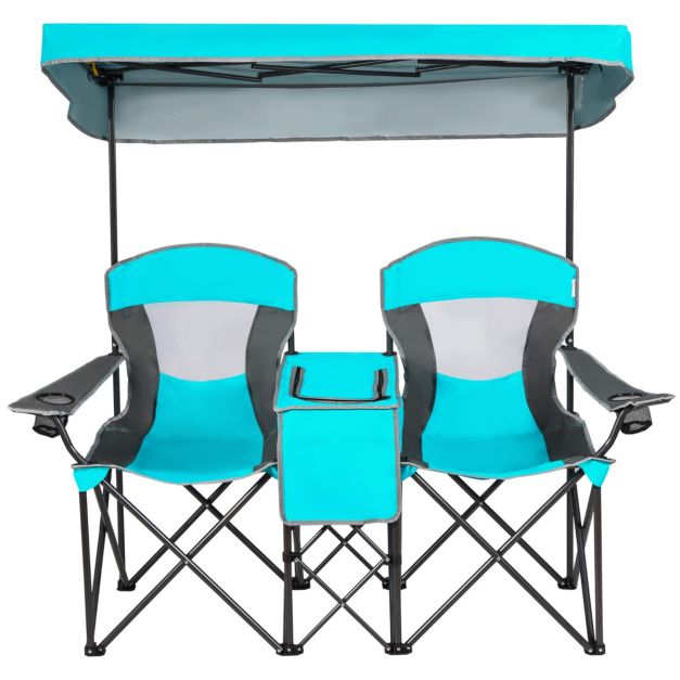 Chaise de camping de luxe pour 2 personnes avec auvent réglable, glacière et sac de transport - idéale pour les activités de plein air