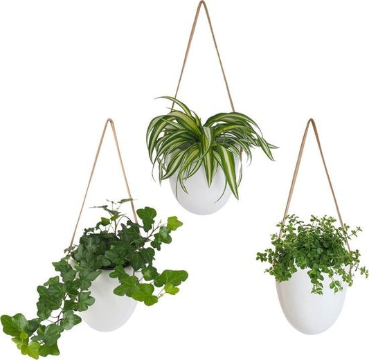 Gadgy Plant Hanger Ceramic - Set of 3 - White Stone - Pot de fleurs suspendu - avec 3 cordons différents - 12 x 11 x 9.5 cm