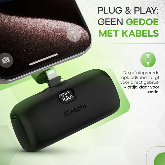 iSetchi Mini Powerbank 5000 mah - Taille compacte - Batterie externe - Câble intégré - Pack d'urgence - Câble Lightning - Affichage LED - Convient à l'iPhone - Noir