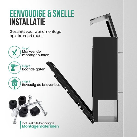 Boîte aux lettres Avalo en acier inoxydable noir avec boîte à journaux et serrure - avec matériel de montage et 2 clés