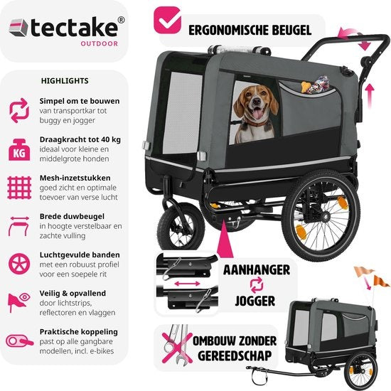 tectake® - Remorque vélo WoofRider pour chien - gris - pliable, jusqu'à 40 kg - buggy pour chien - 404947