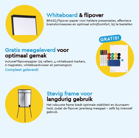 BRASQ Flipchart - 70x100 cm - Tableau blanc ajustable - Comprend 25 feuilles de papier, 4 marqueurs, 8 aimants, une gomme - Tableau magnétique avec crochets - Tableau magnétique - Noir