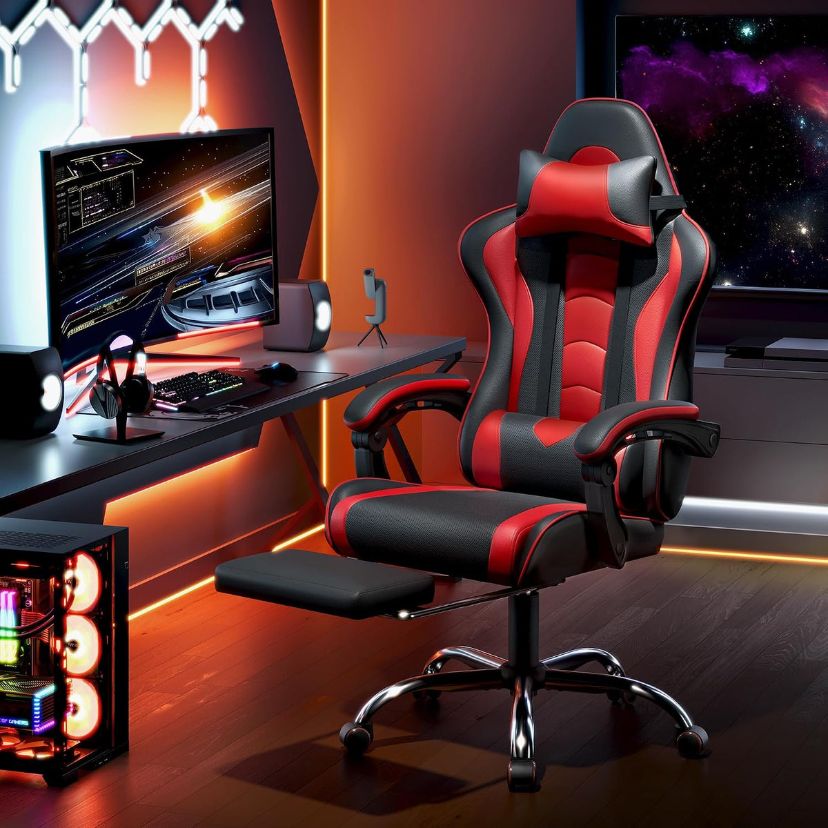 Fauteuil gaming ergonomique Yaheetech - Repose-pieds et coussin de massage - Noir/rouge