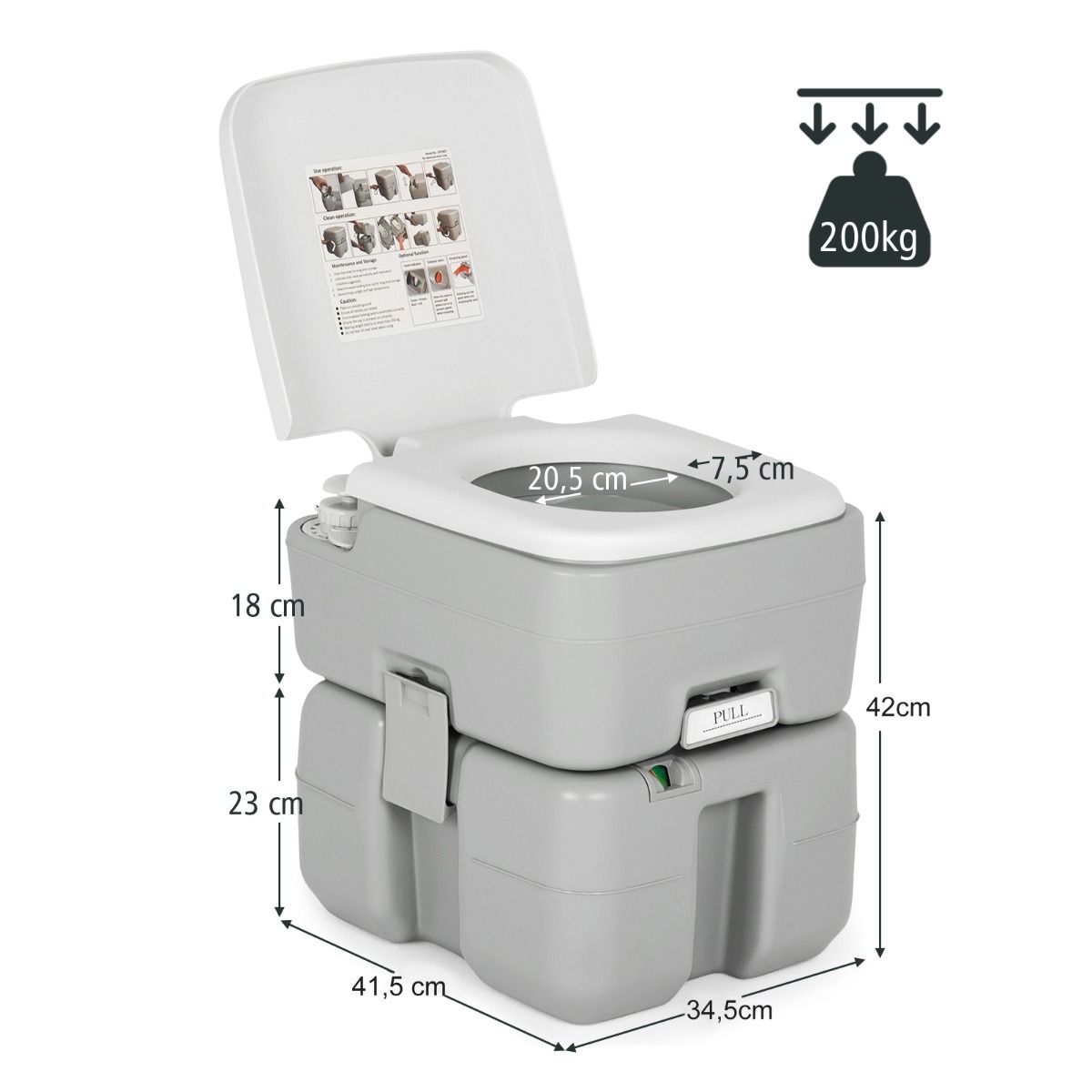 Toilettes de camping portables Coast - Réservoirs séparés - 10 L d'eau propre, 20 L d'eaux usées - Gris