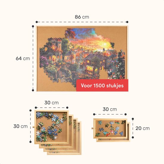 Plateau de puzzle rotatif avec système de rangement - 6 tiroirs - 1500 pièces - Bois - Table de puzzle - Classeur de puzzle - 64 x 86 x 4 cm - Couvercle de protection inclus - Tapis de puzzle - Mallette - Bois