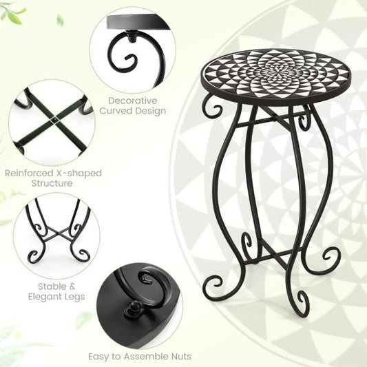 Coast Mozïek side table - Table de terrasse ronde d'intérieur et d'extérieur - 30 x 30 x 50 cm - Noir/Blanc