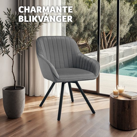 tectake® - Chaise de salle à manger pivotante avec accoudoirs - Chaise ergonomique à coque avec revêtement en velours - Rembourrée - Chaise pivotante pour le salon, la table à manger, le bureau, la coiffeuse et la cuisine - Gris