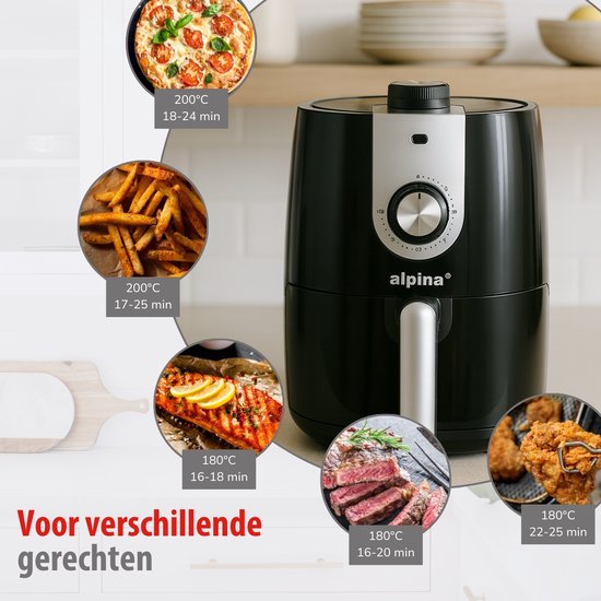 Alpina Airfryer 2L - Friteuse à air chaud pour 1 à 4 personnes - Friteuse à air chaud avec minuterie - Température réglable de 80 à 200 degrés - Avec fonction minuterie - Four à air chaud 900 W