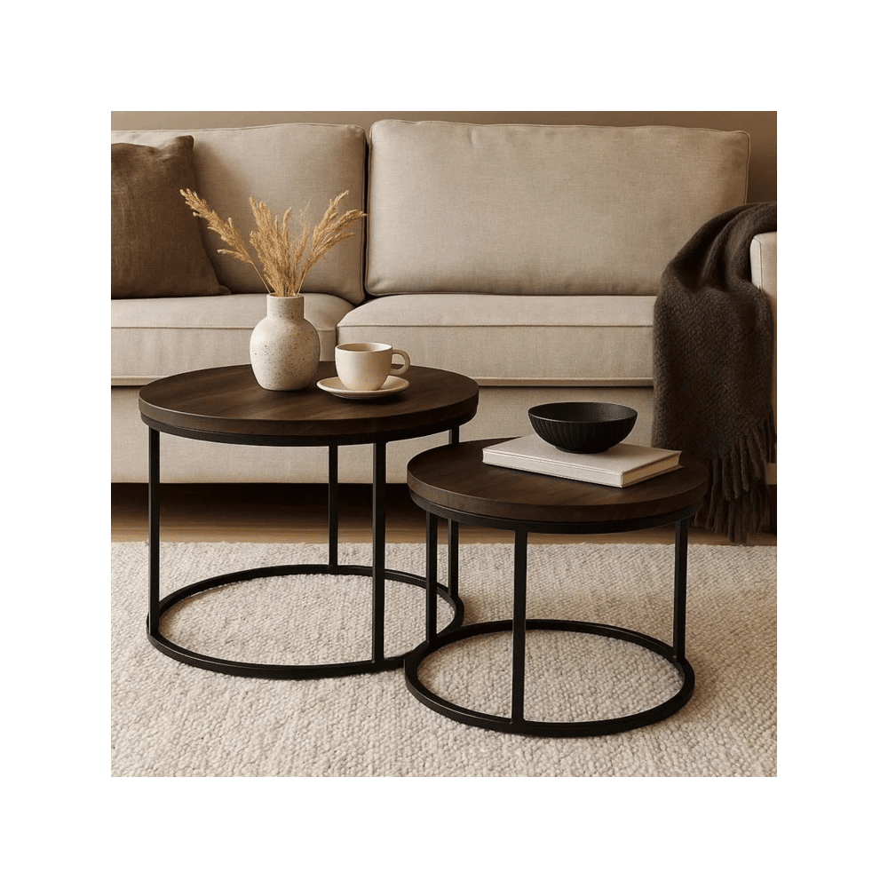 Home Styling Collection - Tables d'appoint rondes Lot de 2 - Bois et métal - Ø57x45 cm / Ø50x35 cm - Industriel et moderne
