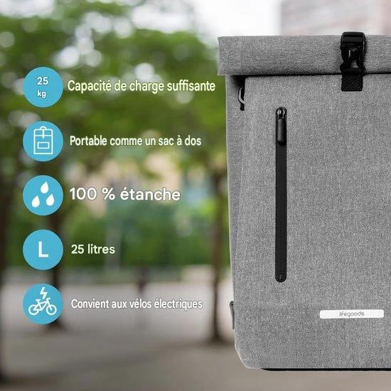 LifeGoods Sac de vélo - Compact - Sac à bandoulière et sac à dos - 25L - Porte-bagages ronds - Imperméable - Gris