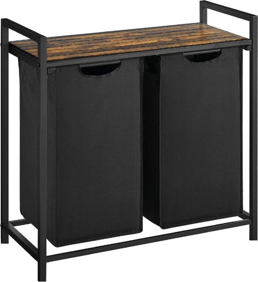 BRASQ Panier à linge 2 compartiments - Trieur à linge 76 litres - Extensible avec étagère 73x33x71 cm - Boite à linge Métal noir - Bois marron - Panier
