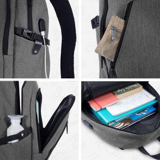 TRVLMORE Sac à dos - 25L - 15.6 inch - Sac à dos pour ordinateur portable - Sac d'école - Unisexe - Gris anti-éclaboussures