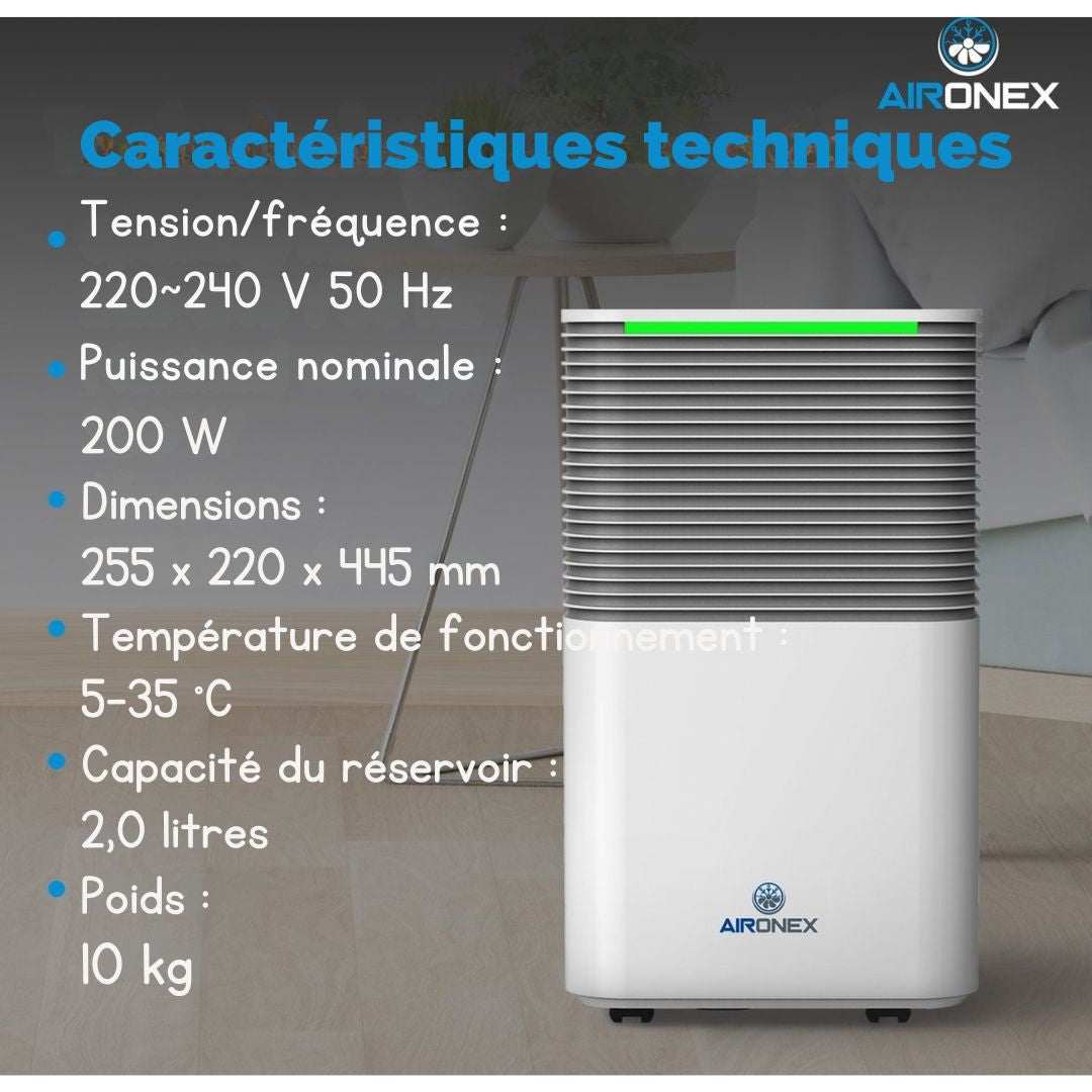 Déshumidificateur - Aironex - Jusqu'à 12 L par jour - Blanc