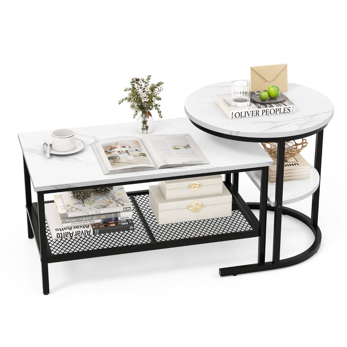 Ensemble de tables d'appoint Coast - table basse et table d'appoint - plateau aspect marbre - noir et blanc