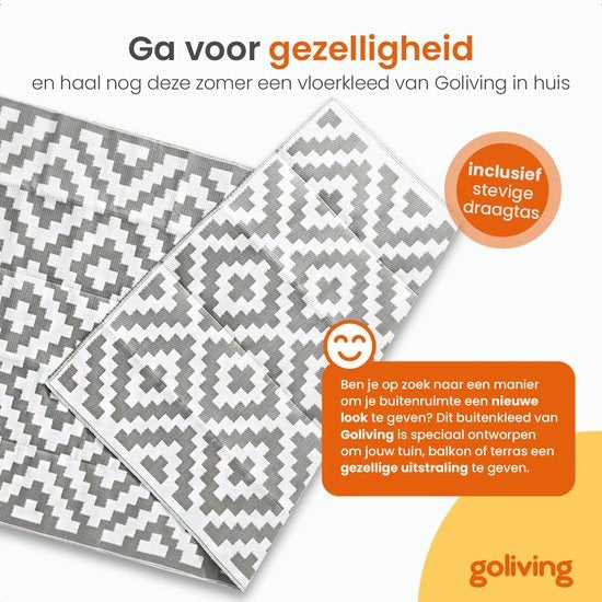 Goliving Tapis d'extérieur Summer Diamond - Tapis de jardin - Tapis d'extérieur - Tapis - Tapis de jardin - Réversible - Sac de transport inclus - 183 x 290 cm - Gris/Blanc