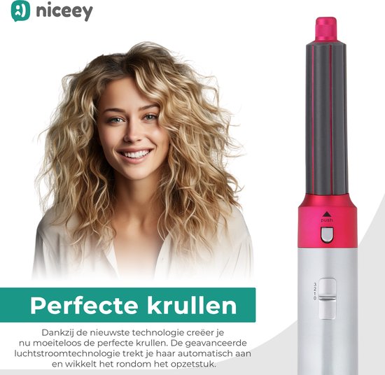 Niceey Brosse pour sèche-cheveux - Fer à boucler 5 en 1 - Airstyler - Multistyler - Brosse coiffante - Fer à boucler avec accessoires - Sèche-cheveux avec brosse - Avec gant - Brosse à boucler - Brosse à cheveux - Modèle 2025 - Gris/Pourpre