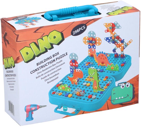 Eddy Toys : kit de construction avec boîte de montage et perceuse jouet incluse - Jouet de construction comprenant 298 pièces - Jouet dinosaure - Jouet Montessori : mosaïque à encastrer - Jouet éducatif