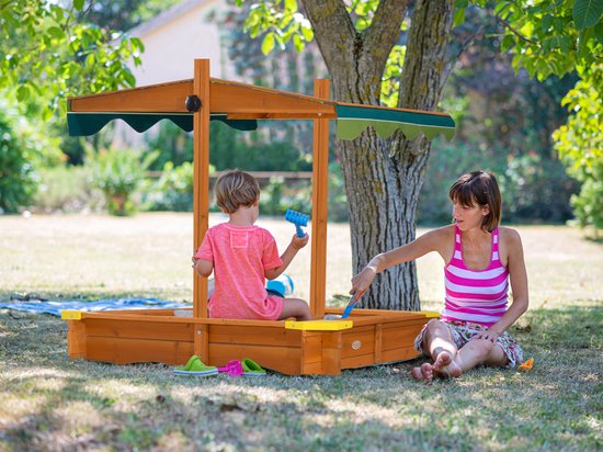 Bac à sable en bois AXI Lily avec toit réglable, couleur marron/vert - Avec bancs, bâche de sol et housse de protection - Bois certifié FSC - 118 x 118 cm