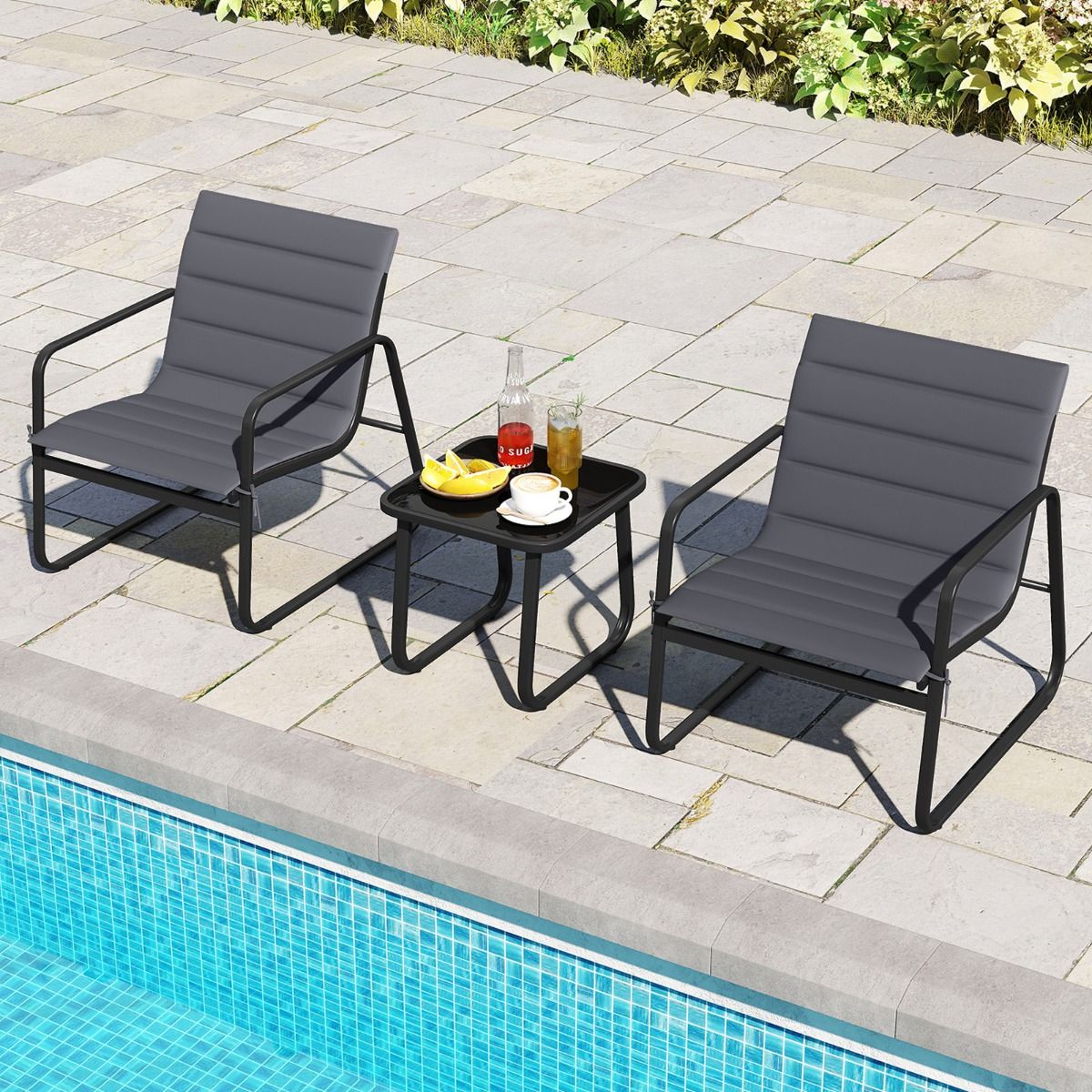 Ensemble de jardin Coast 3 pièces - chaises d'extérieur avec coussins amovibles - table d'appoint en verre trempé - gris et noir