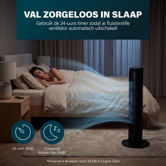 Ventilateur colonne Princess DC 91 cm – Ultra silencieux – 12 vitesses – 4 modes de ventilation – Oscillation à 90° – Minuterie 1 à 24 heures – Avec télécommande – Noir - 352370