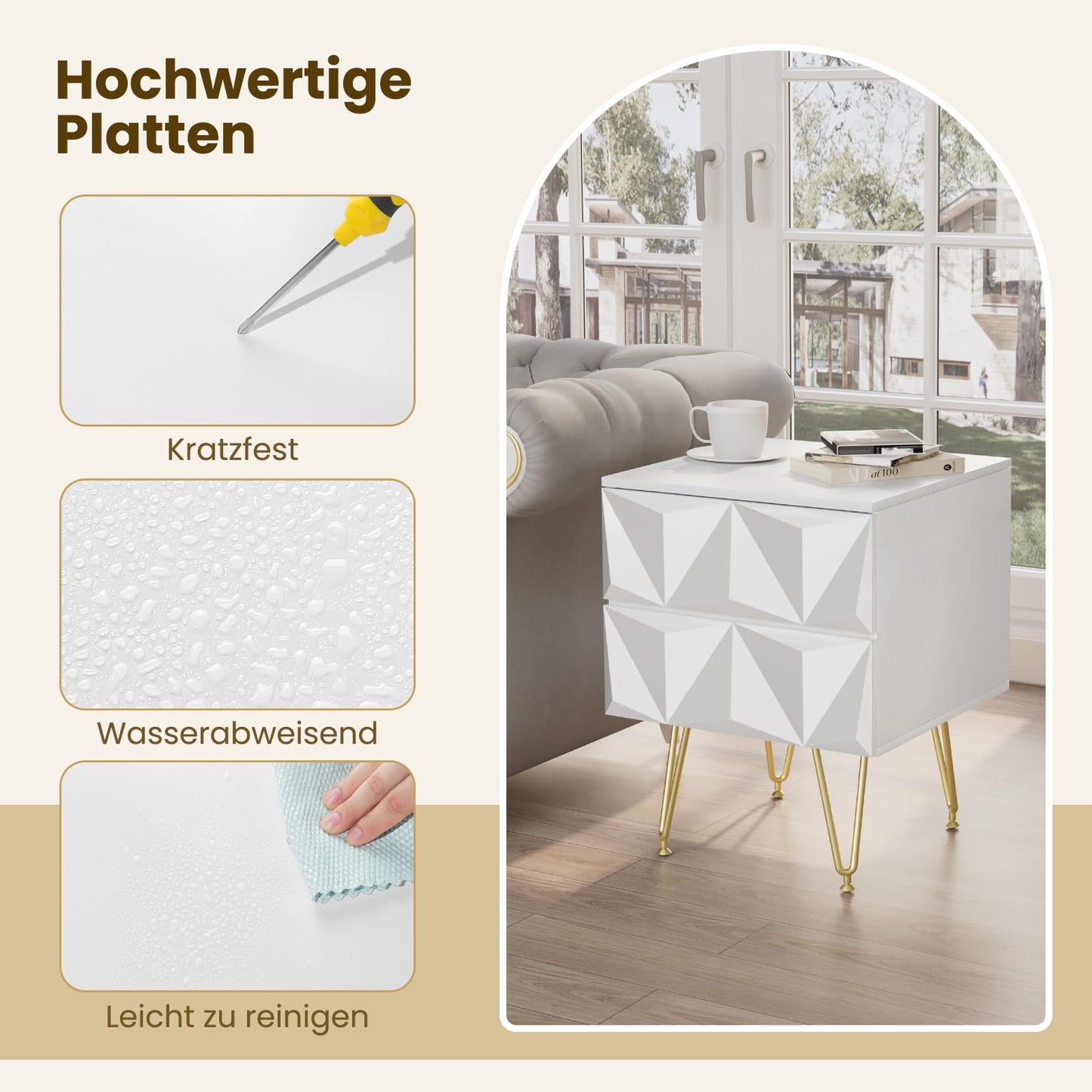 Table de chevet EUGAD à 2 tiroirs - façade 3D - blanc et or - MDF et pieds en métal - 40 x 53 x 40 cm