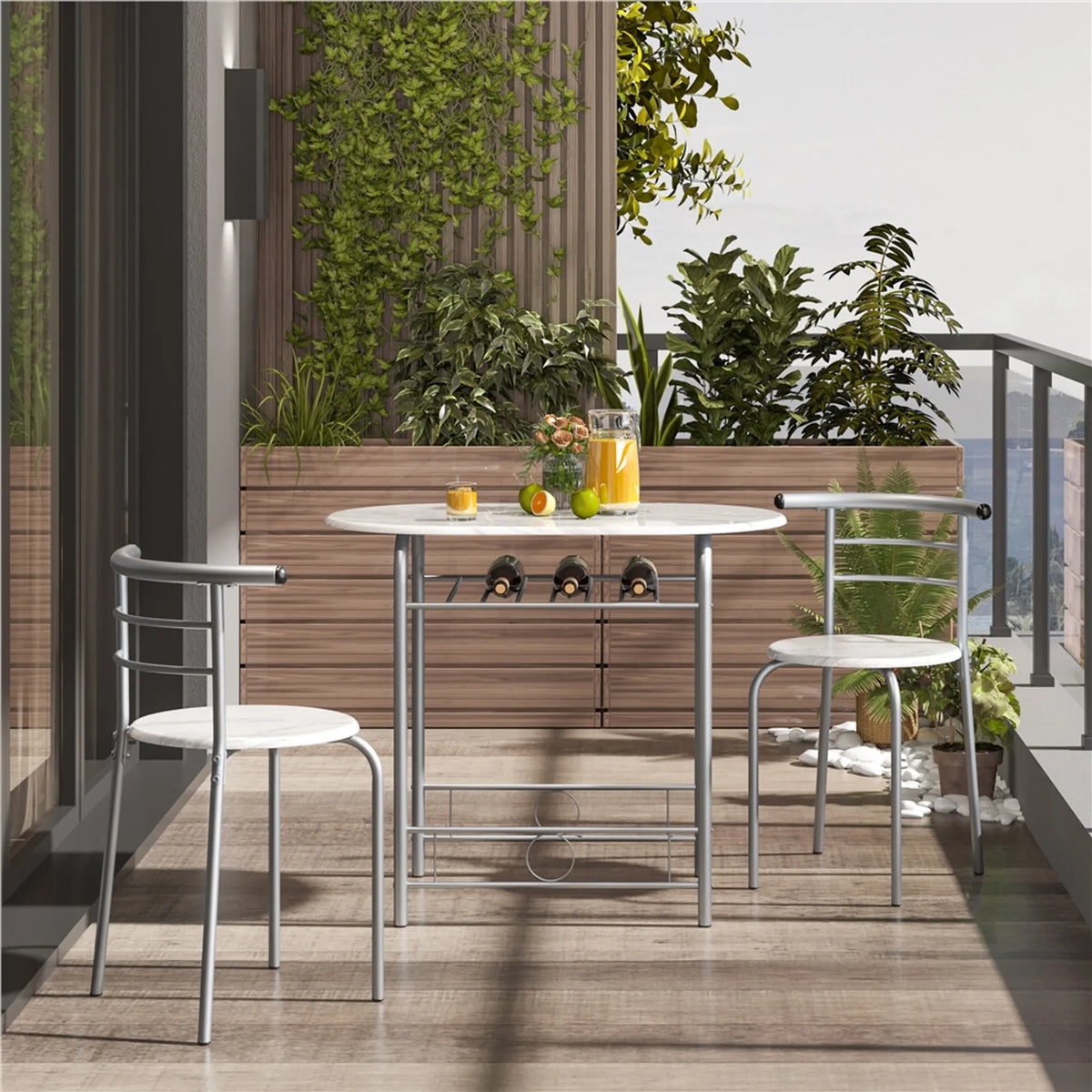 Ensemble de salle à manger 3 pièces avec table et 2 chaises, aspect bois (MDF) et structure métallique blanche, 80 × 53 × 73,5 cm