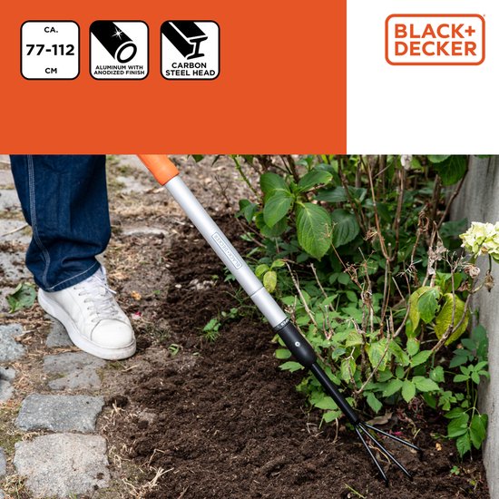 BLACK+DECKER Cultivateur - Manche télescopique 77 - 112 CM - 3 dents - Aluminium/ acier carbone