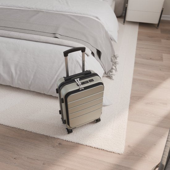 Valise TRVLMORE - 54 x 37 x 23 cm - Avec poche avant - 44 L - Cadenas TSA - 4 roulettes - Couleur champagne