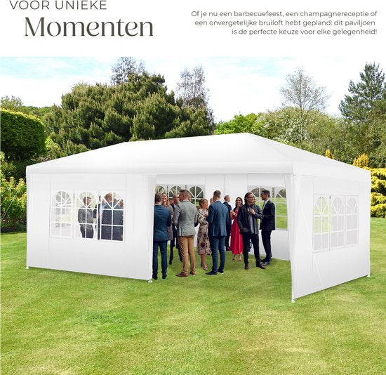tectake® Pavillon Novara - Tente de réception 3x6 m - Bâche imperméable avec 5 panneaux latéraux amovibles - Pavillon de jardin résistant aux intempéries - Lignes de tension et piquets inclus - blanc