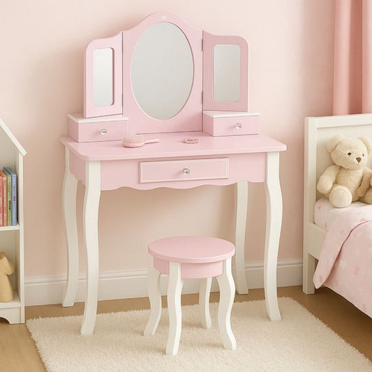 Table de maquillage Maxx Kidz pour enfant avec miroir - Table de maquillage en bois rose pour enfant avec tabouret - Table de maquillage pour enfants - Jouet pour filles à partir de 3 ans