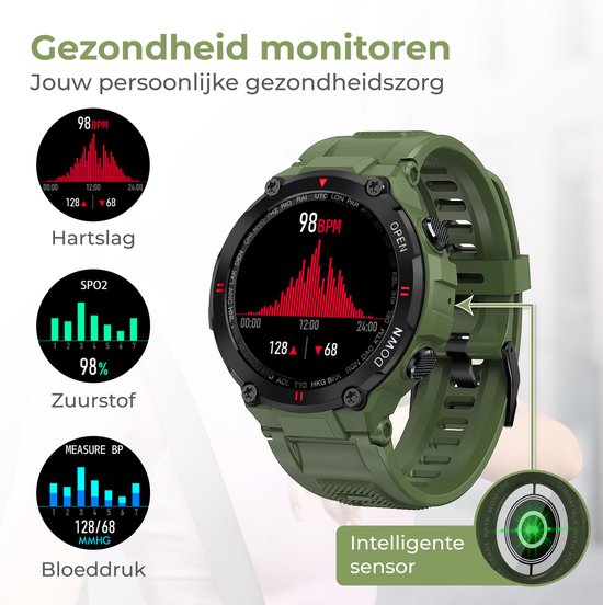 Nuvance - Montre intelligente pour l'extérieur - IP67 Waterproof - Bluetooth Smartwatch pour femmes et hommes - Smartwatches - Montre de sport avec podomètre, compteur de calories, somnomètre - Convient à tous les smartphones - Vert