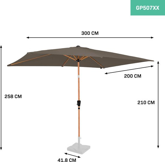 VONROC Premium Parasol Stick Rapallo 200x300cm - Housse de protection incluse - Parasol rectangulaire - Inclinable - Toile résistante aux UV - Aspect bois - Taupe