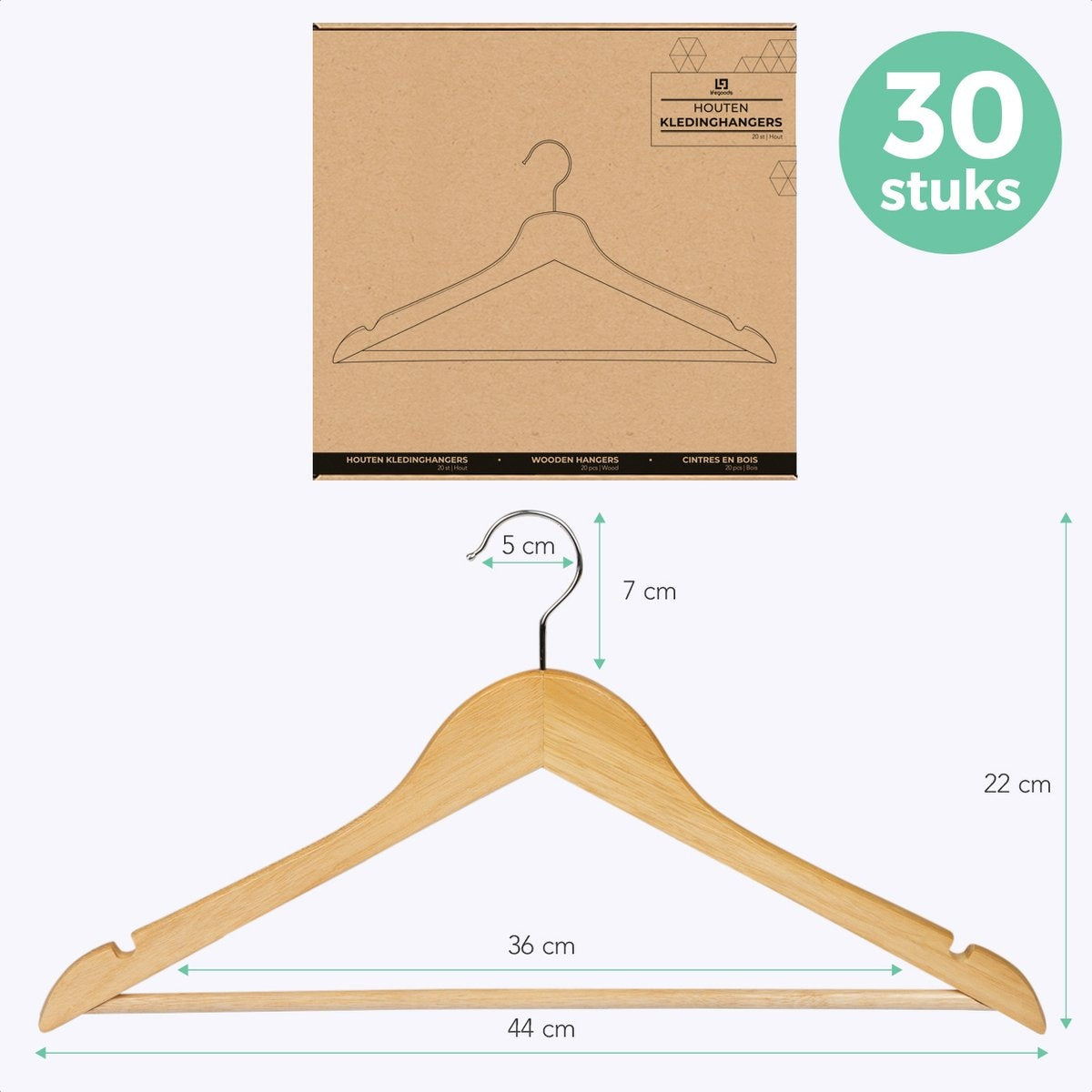 LifeGoods Cintres - Avec barre de pantalon - Bois dur - Naturel - 30 pièces